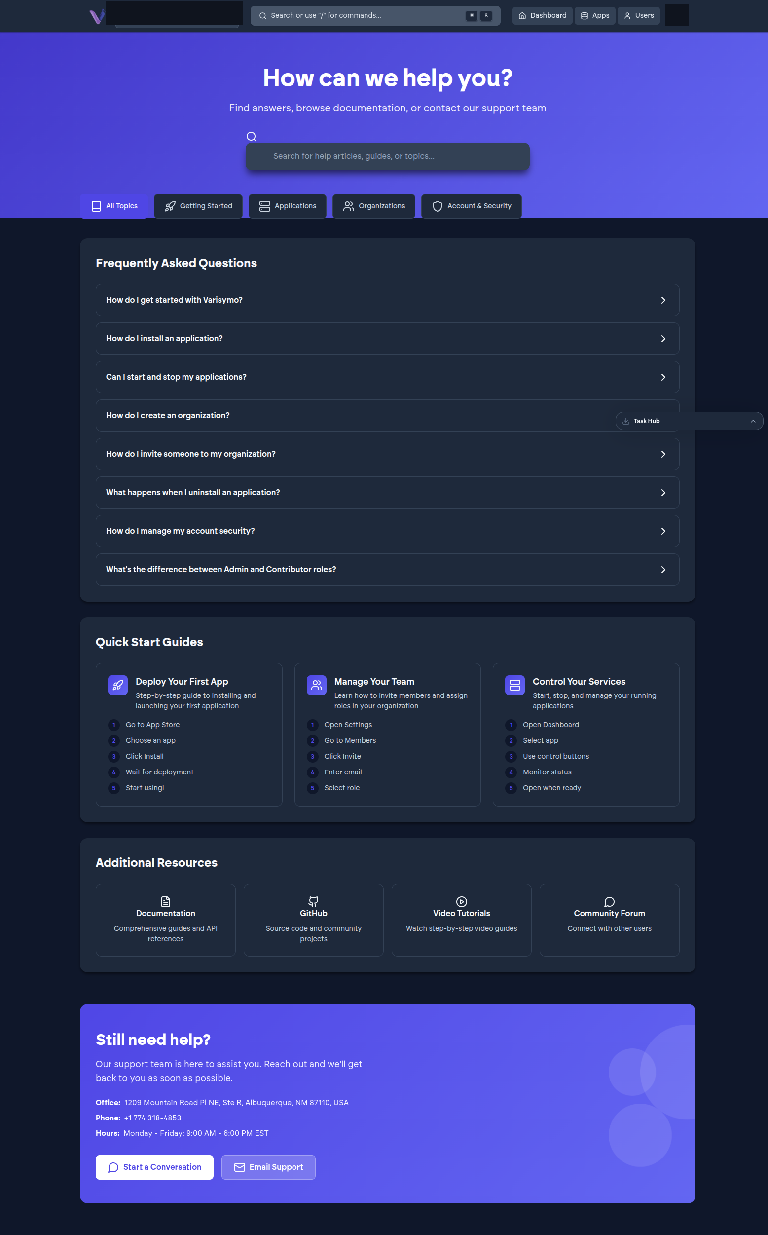 The Help & Support page