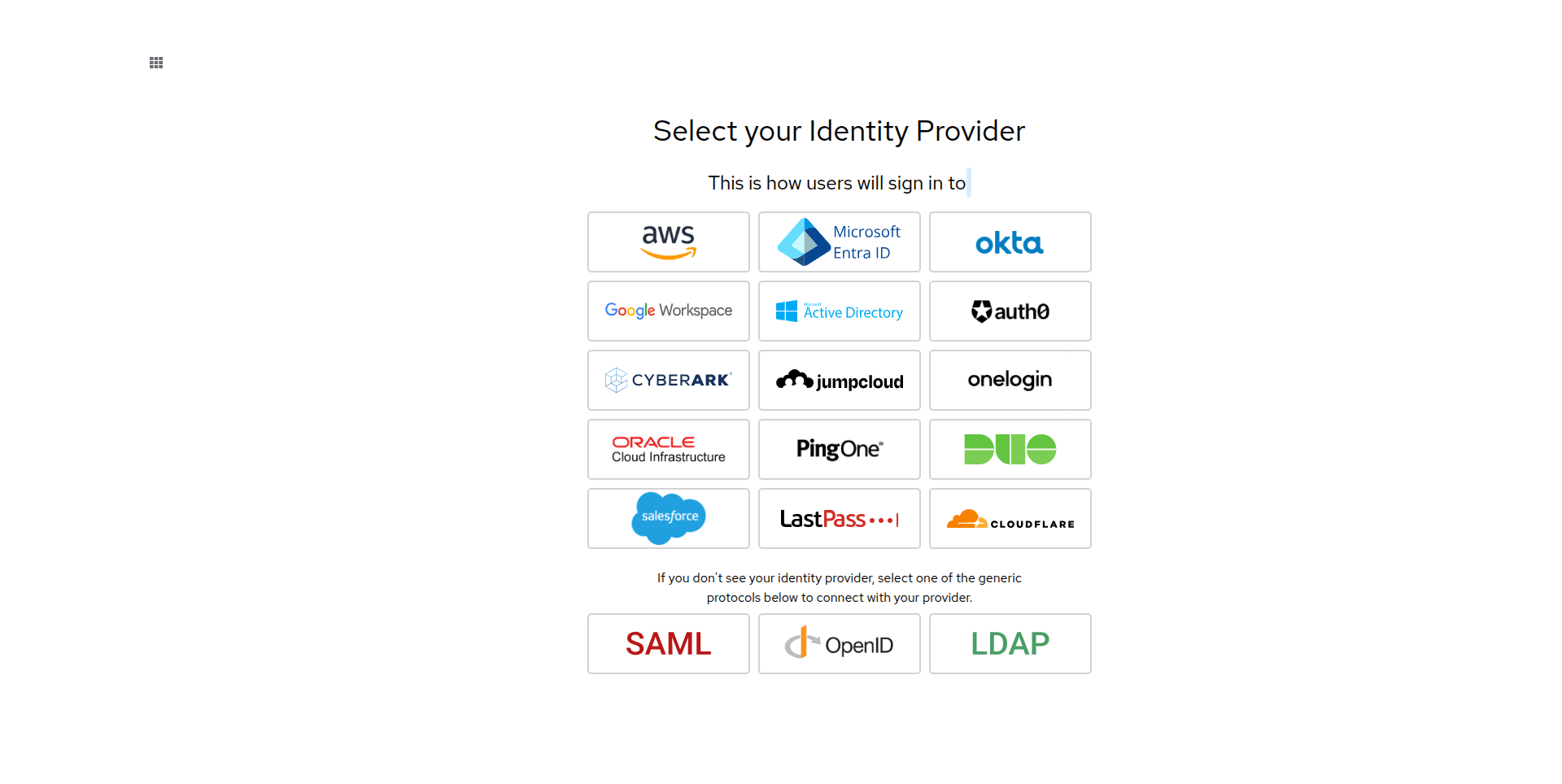 Identity provider options in the setup wizard