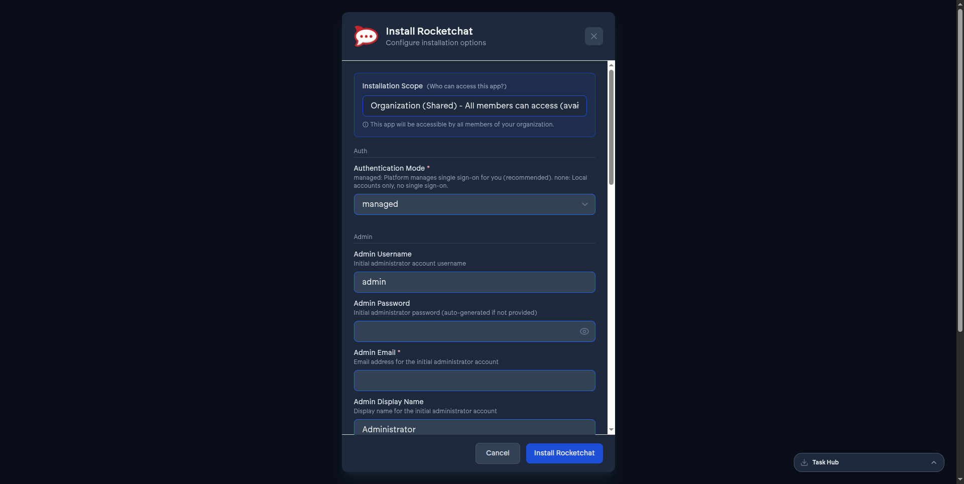 Installation options: scope and authentication mode