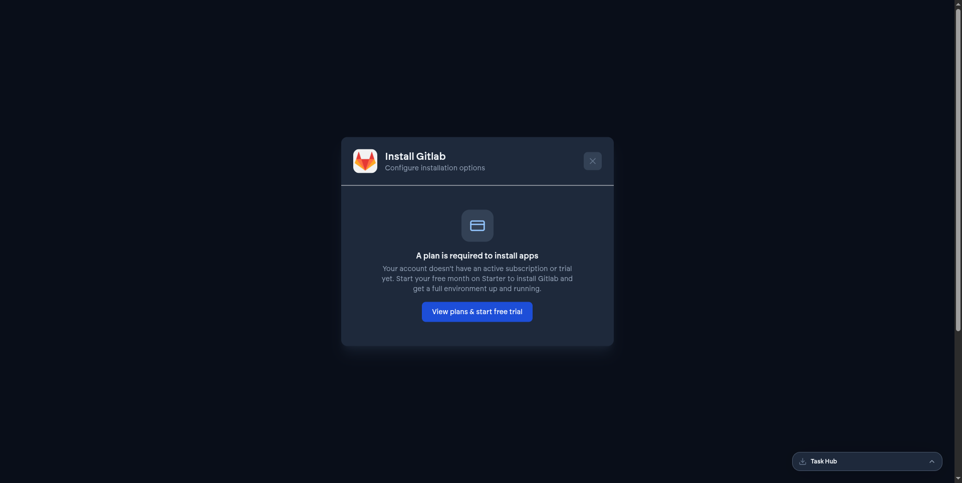 The plan-required notice when installing without an active subscription