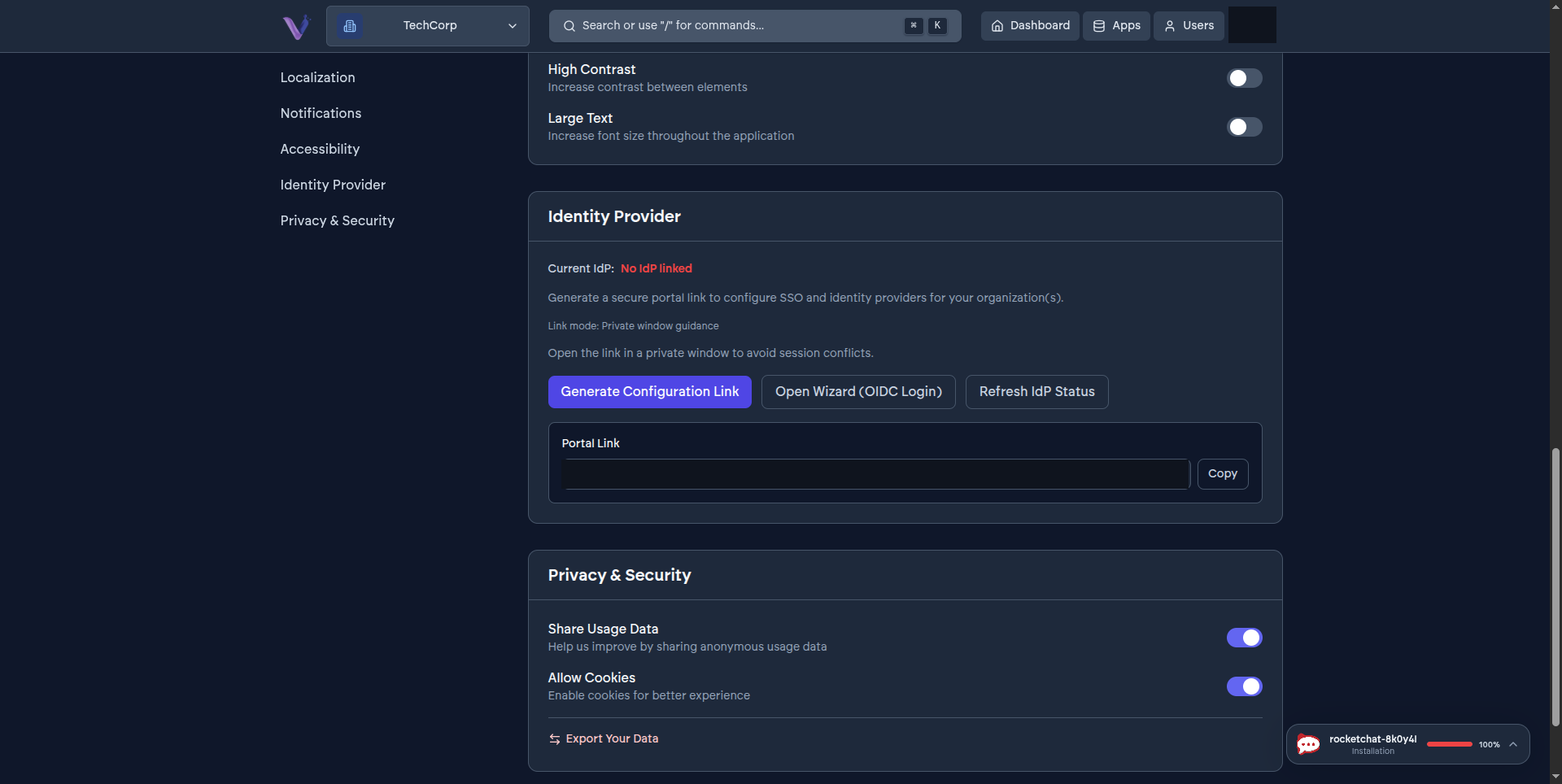 The Identity Provider section in Settings