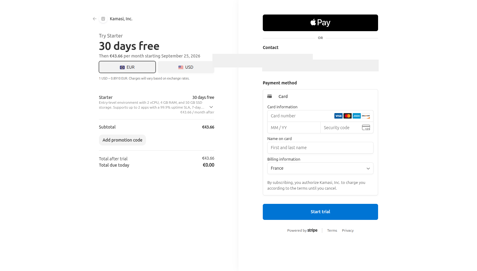 The hosted checkout screen