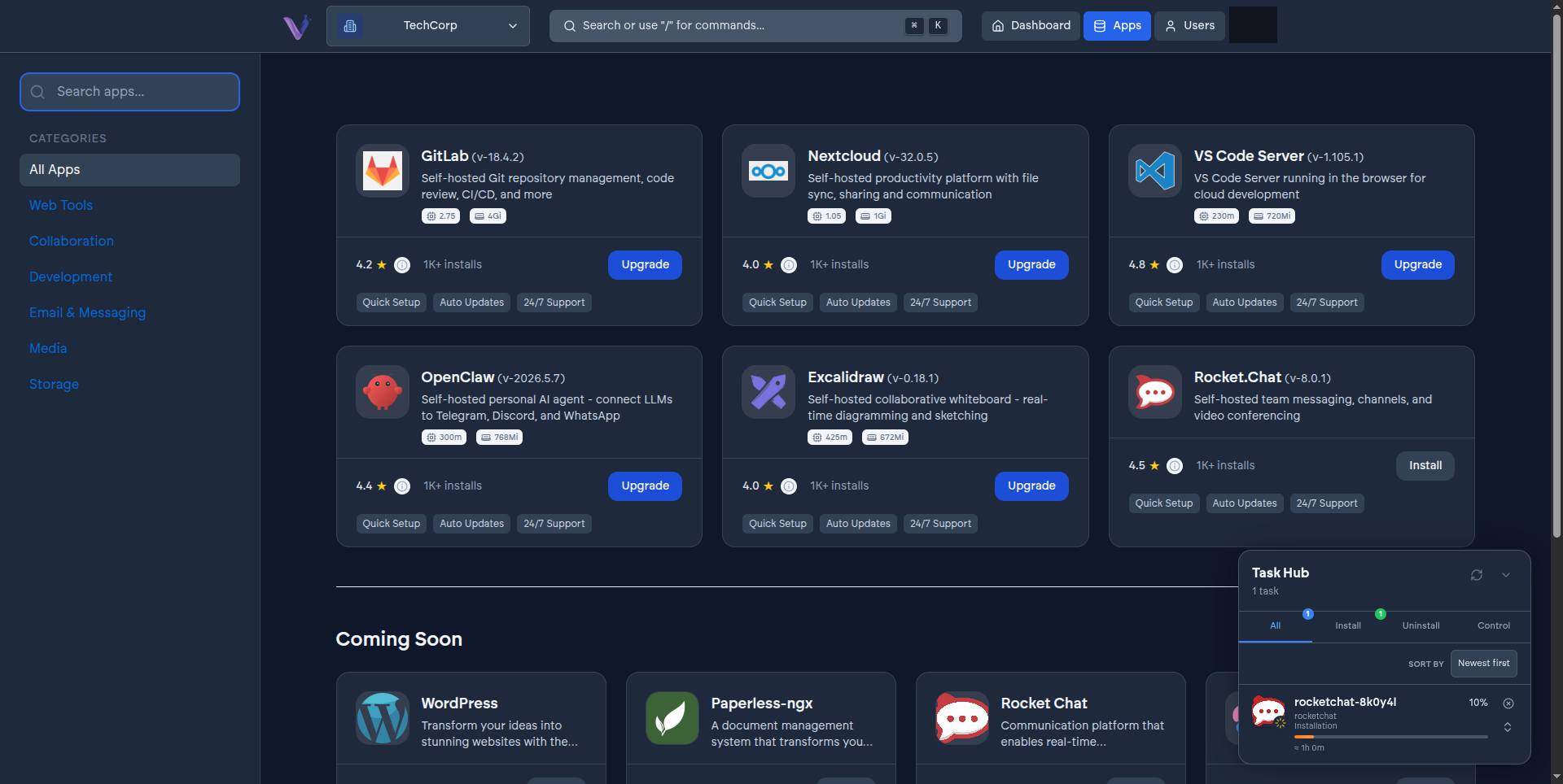 The Task Hub showing an install in progress